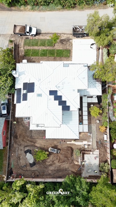 Aerial view of a home and yard renovation