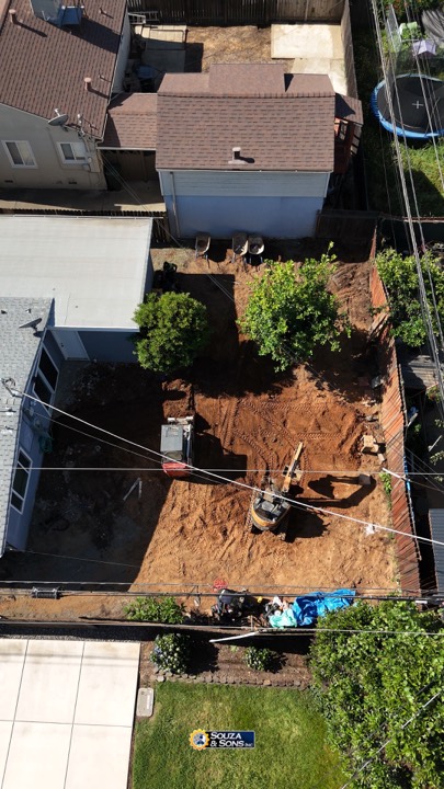 Aerial view of a backyard excavation