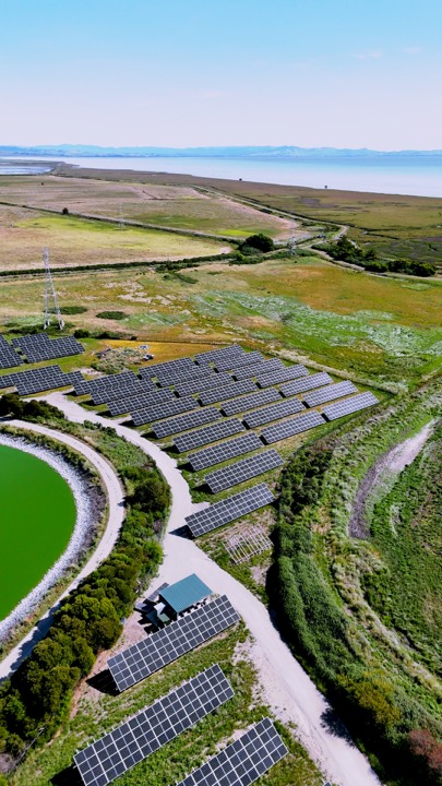 Hillside solar array, drone view