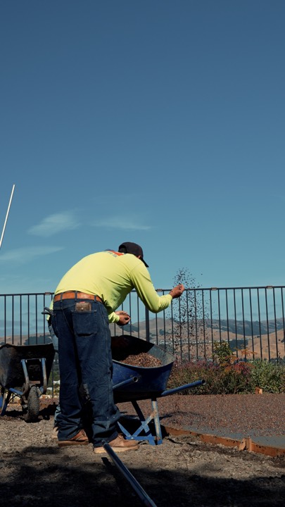 Landscaper with a wheelbarrow on a hilltop terrace